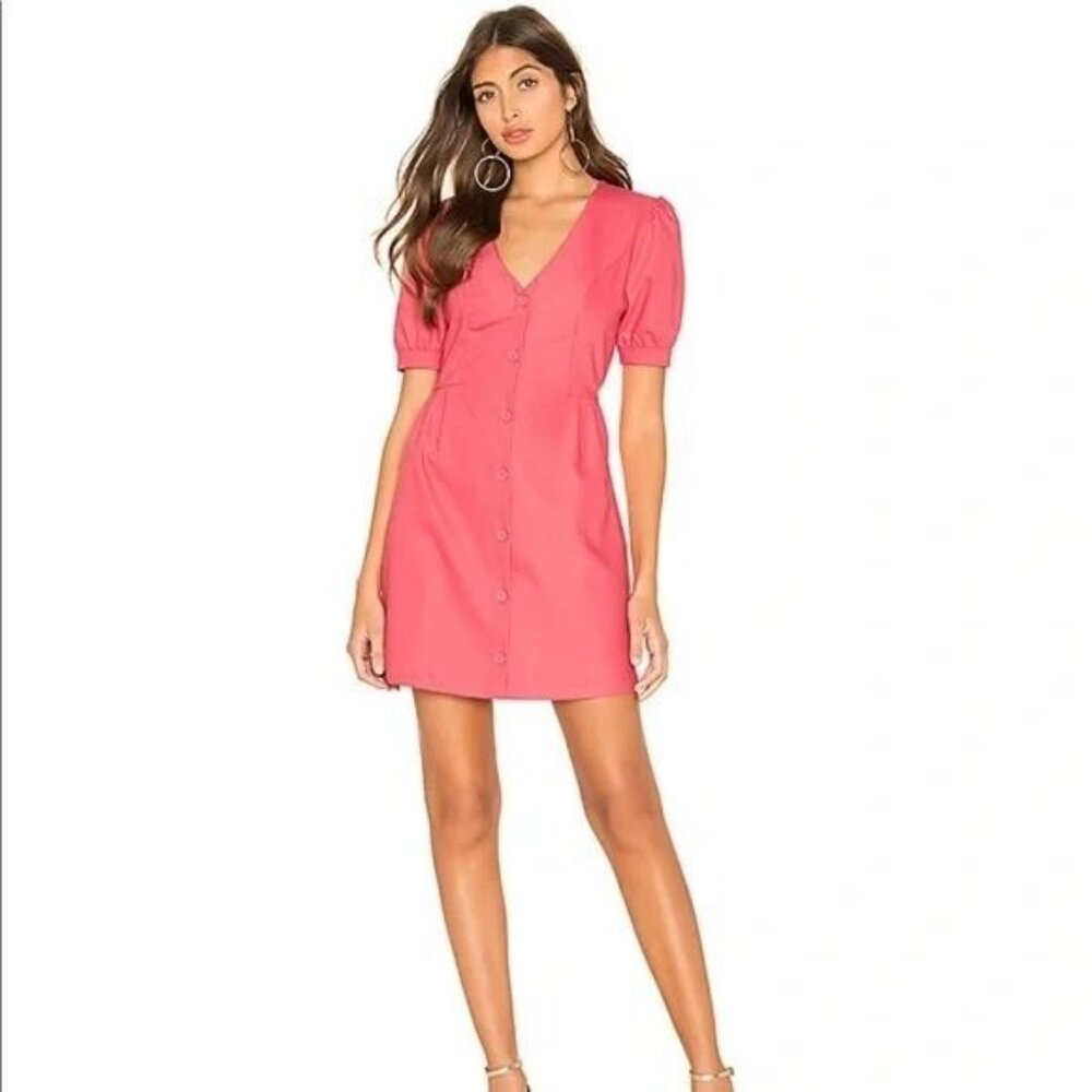 L'Academie Calypso Coral Pink Short Sleeve Violet Button Down Mini Dress Small
